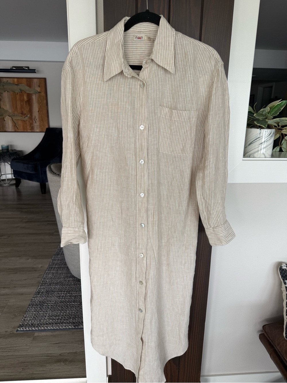 Faherty Laguna Linen Stripe Maxi Shirt Dress in Golden Sun Stripe, size small - Picture 5 of 7